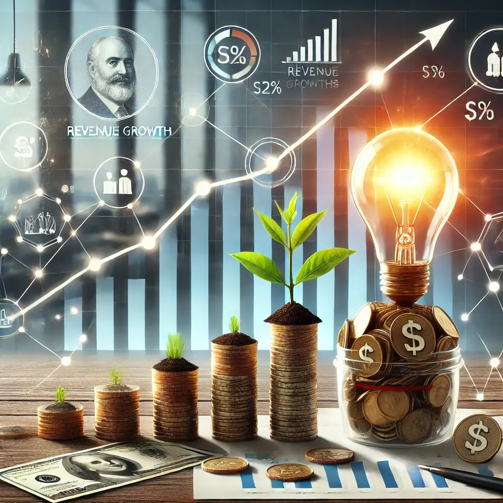 DALL·E 2024-07-08 18.32.59 - A photorealistic image depicting various revenue growth strategies. The image should include elements like a rising bar graph, coins and banknotes, a 