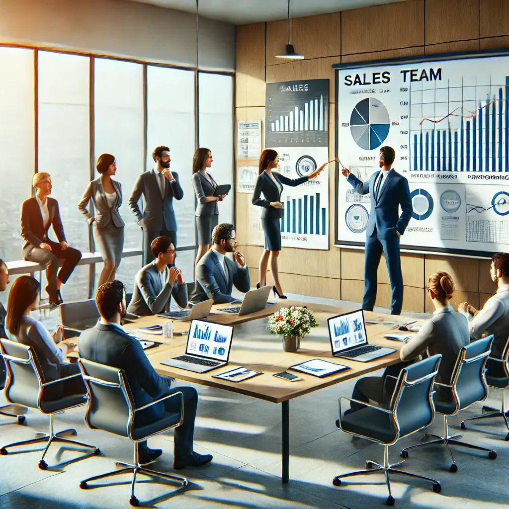 DALL·E 2024-07-08 18.37.45 - A photorealistic image depicting sales team management without any text. The image should include a team of business professionals in a meeting room, 